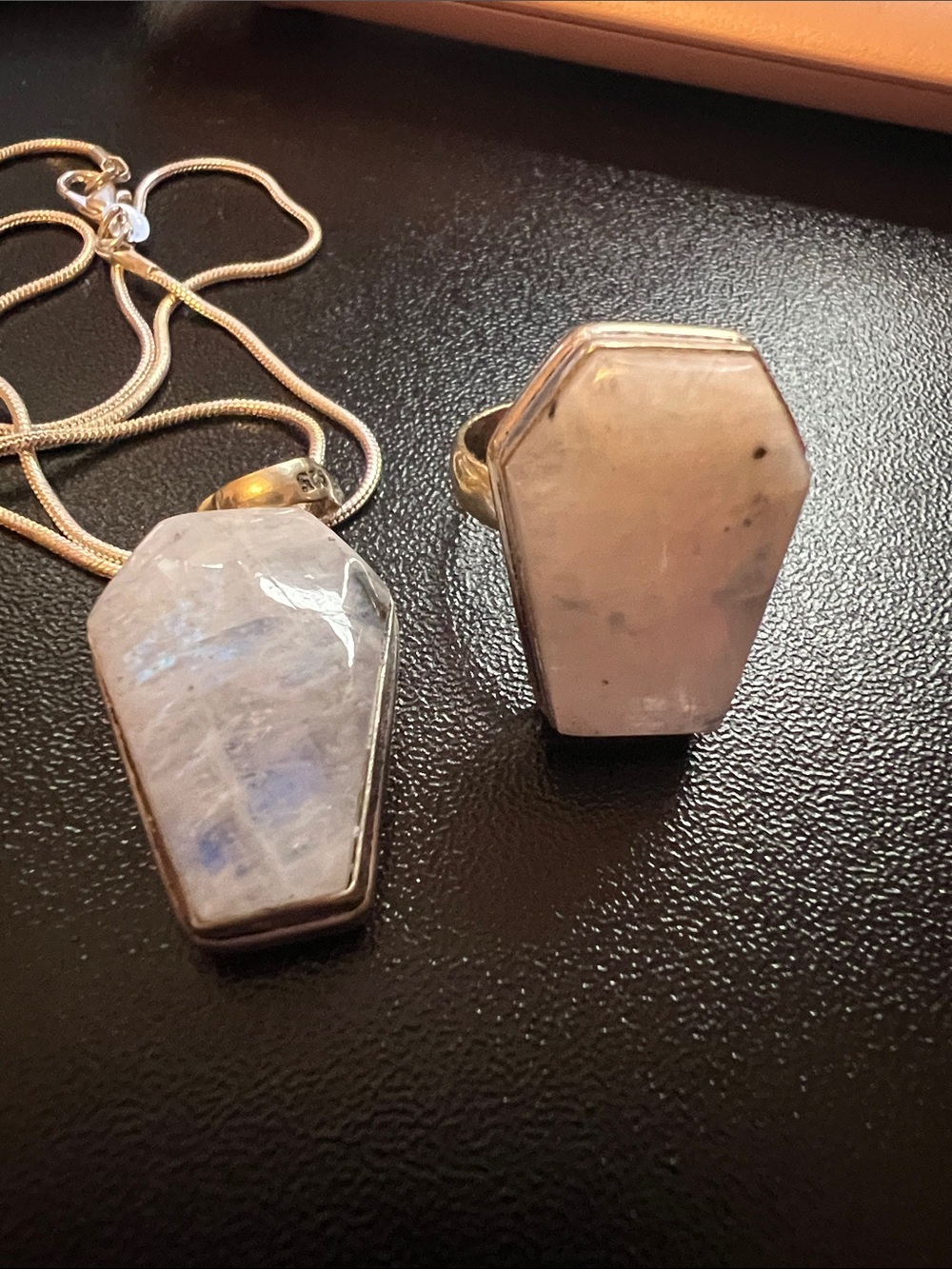 Silver Moonstone Coffin Pendant Necklace and Ring Set
